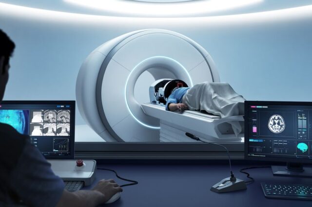 Medical professional operating a Magnetic Resonance-Guided Focused Ultrasound machine in a clinical setting